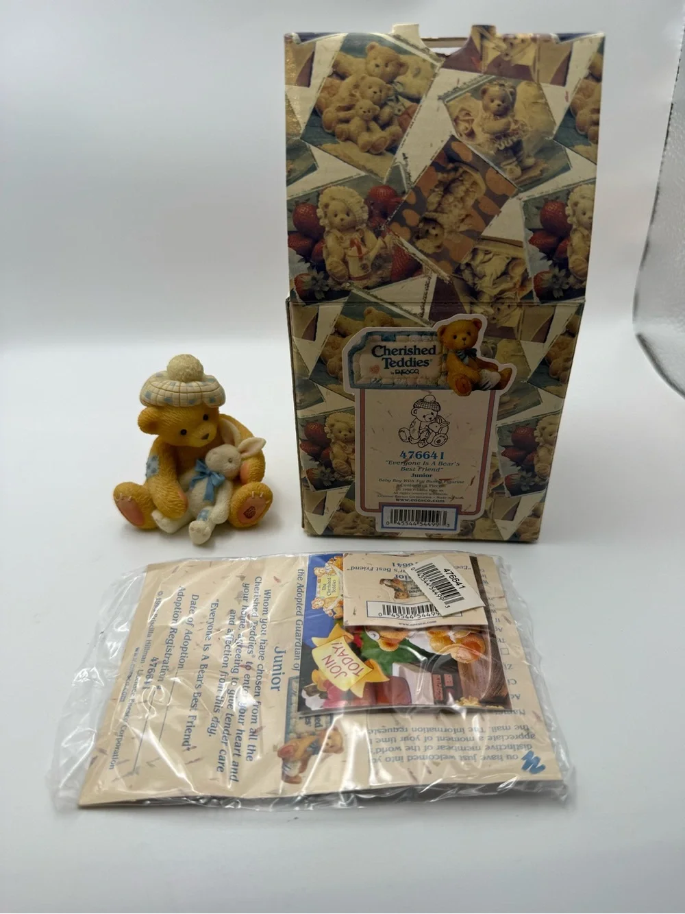Cherished Teddies Yellow Bear Figurine Holding Bunny - Blue Accent
